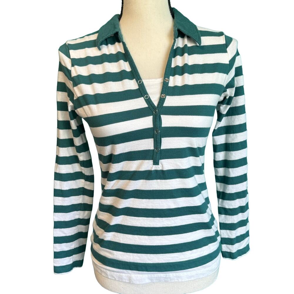 Allison Brittney Green & White Stripe Layered Polo Women's Small
